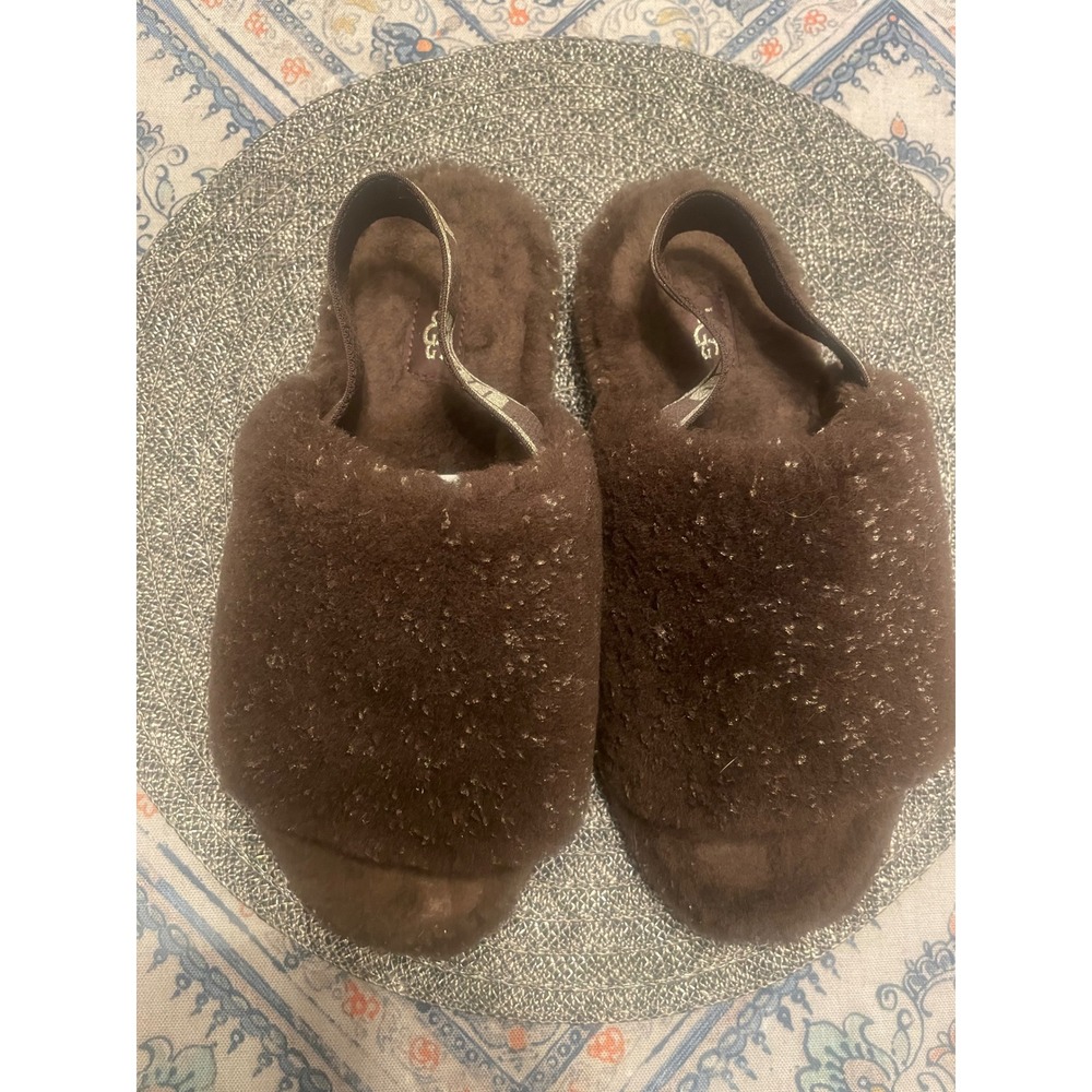 UGG Fluff Yeah Slide Brown Gold Metallic Sheepskin Slippers 1125232 Womens 8
